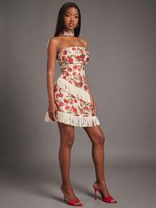 NYA SZN Gonna Stella a vita alta, a-line, con frange, motivo floreale, aderente, rossa e beige, adatta per occasioni festive, tropicali, floreali, di Pasqua, per climi caldi, feste, occasioni speciali, uscite, matrimoni, festa di nascità, compleanni, festival, appuntamenti, casual, elegante, primavera, estate, vacanze, viaggi, eventi di lusso, festa, lunghezza mini, per donne - Multicolore - Visualizzare 3