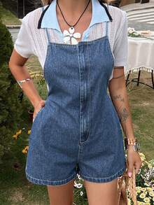 DAZY Women's Summer Backless Criss-Cross Strap Casual Denim Bib Shorts - Medium Wash - View 1