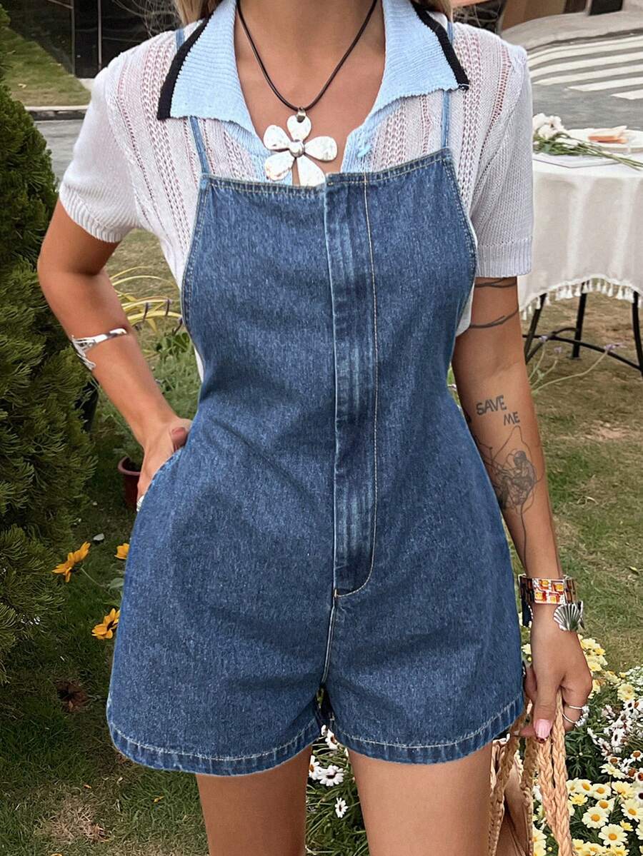 DAZY Women's Summer Backless Criss-Cross Strap Casual Denim Bib Shorts - Medium Wash - View 1