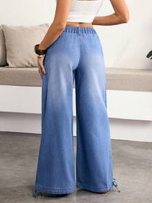 Breezaya 女士带口袋纽扣褶裥休闲百搭日常阔腿牛仔裤 - 深色水洗藍 - 查看 2