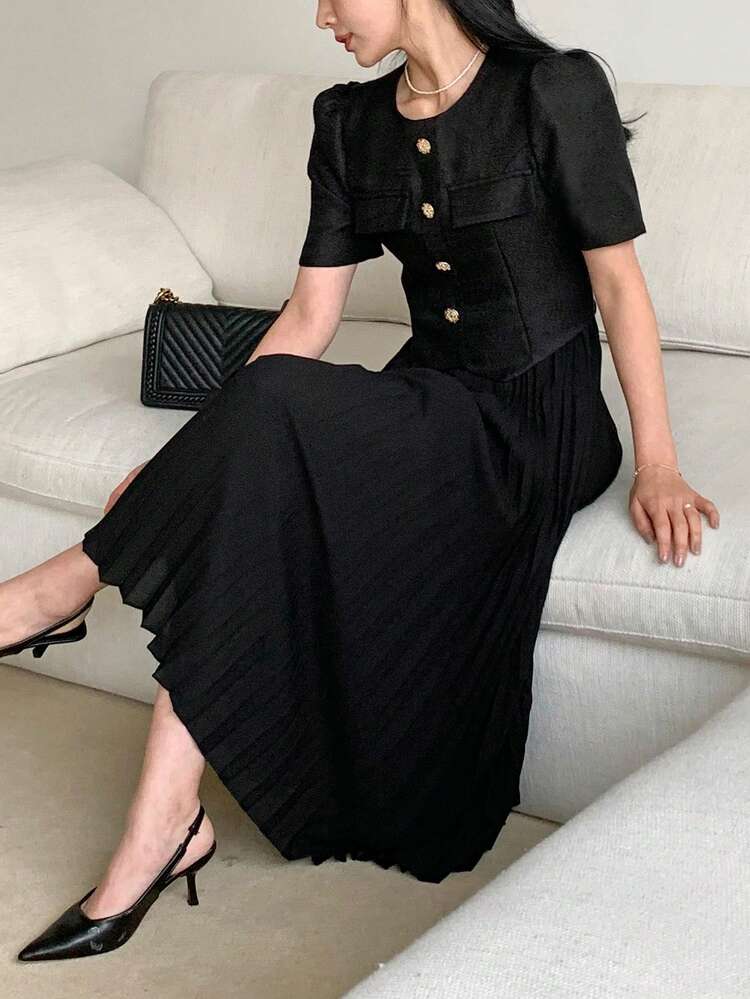 Women's Elegant Pleated Midi Dress, Commuter Style Sundress Summer