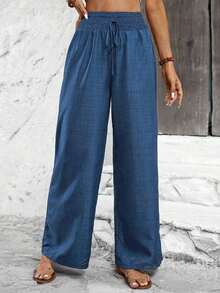 Women's Solid Color Pants With Super String Belt - Blue - View 2