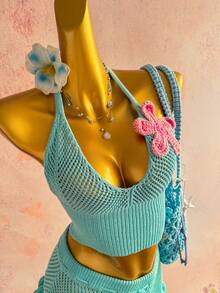 Elamini Bộ đồ nữ màu xanh bạc hà họa tiết hoa 3D gợi cảm gồm áo khoét lỗ và chân váy xòe dễ thương, trang phục đi biển thường ngày, mùa hè. - Màu xanh Bạc hà - Xem 5