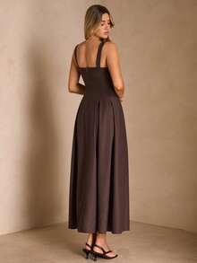 Enchnt 女士纯色蝴蝶结装饰方领无袖优雅连衣裙 - 棕色 - 查看 7