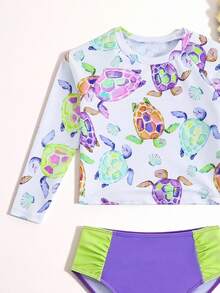 SHEIN Young Girl New Fashion Colorblock & Full Print Swimming Suit Set - Multicolor - View 6