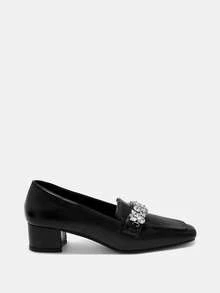 CUCCOO BIZCHIC Women's New Thick Heel Loafers, Fashionable Square Toe Rhinestone Decor Shoes Spring Shoes - Black - View 2