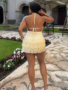 Tyla Gomez Vestido corto sexy con espalda abierta y cuello halter de unicolor para mujer - Amarillo - Ver 2