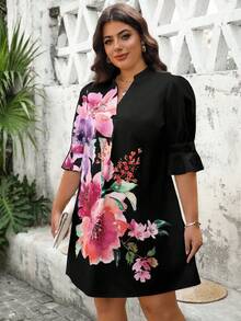 SHEIN Clasi Vestido de manga corta con estampado floral de talla grande - Negro - Ver 4