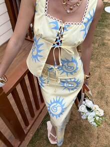 Livesso Women's Pale Yellow Summer Boho Beach Holiday Set,Floral Geometric Lace Patchwork Tie-Up Sleeveless Vest Cardigan Top And Straight Skirt Two Pieces - Yellow - View 7