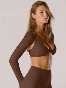 Aralina Leisurewear Crop Active Shrug With Thumb Detail And Bag - Brown - View 6