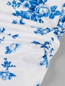 Girlism Tween Girls Floral Print Ruched Hem Cropped Cami Top With Sheer Straps & Layered Cute Mini Skirt 2 Pieces Set - Blue and White - View 7