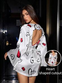 SHEIN Heart Print Faux Silk Backless Hollow-Out Sexy Robe - Multicolor - View 1