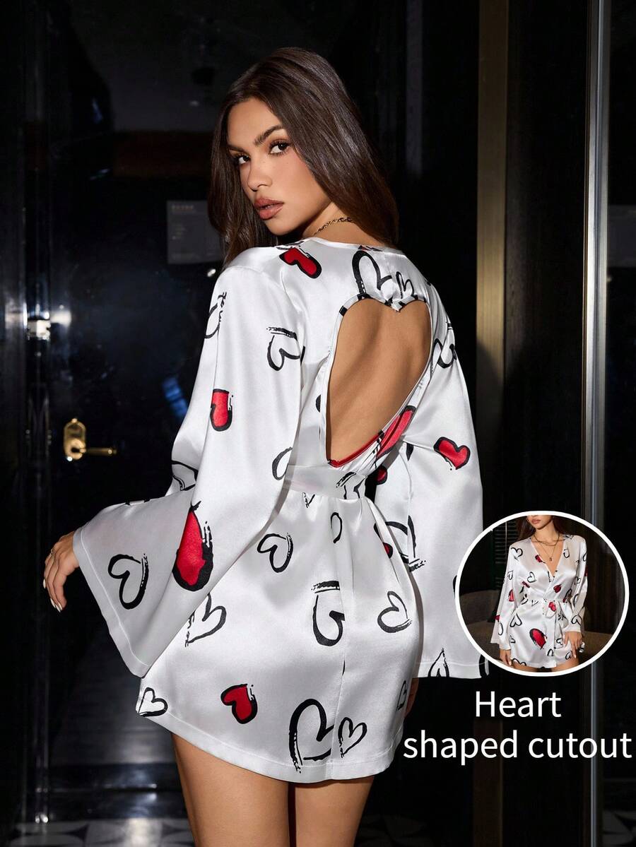 SHEIN Heart Print Faux Silk Backless Hollow-Out Sexy Robe - Multicolor - View 1