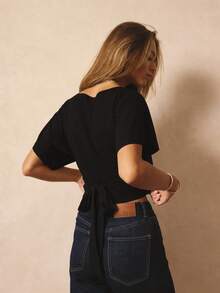 Aralina Women's Polka Dot Print Top Wide Neck Boat Neck Short Batwing Sleeves Flowy Sleeves Cute Top With Waist Ties And Cinched Waist T-Shirt Top Spot Print Old Money Style Going Out Top For Women Party Top Work Office Outfit - Black - View 8