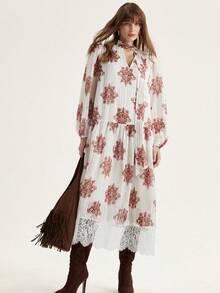 Aveloria Modichic 时尚度假波西米亚风优雅精致闪亮随机印花宽松飘逸下摆拼接蕾丝长袖连衣裙 - 彩色 - 查看 5