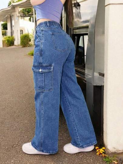 Jeans Cargo para Mujer con Cintura Ajustable - Cinturilla con Elástico y Botón Metálico, Corte Holgado y Estilo Urbano Fresco