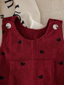 SHEIN Vintaside Kids Baby Girls/Unisex Infant Toddler 0-3Y Spring/Autumn Heart Print Corduroy Overalls Set, Casual Style With Chest Pocket Decoration, Suitable For Outdoor Play And Leisure Baby Girl Overalls Outfits - Burgundy - View 3