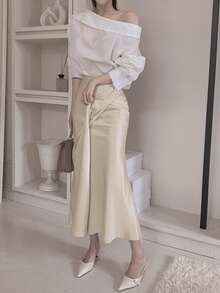 DAZY Chân váy đuôi cá cạp cao bằng vải satin, chân váy ôm sát thanh lịch dành cho nữ mùa hè - Màu be - Xem 7