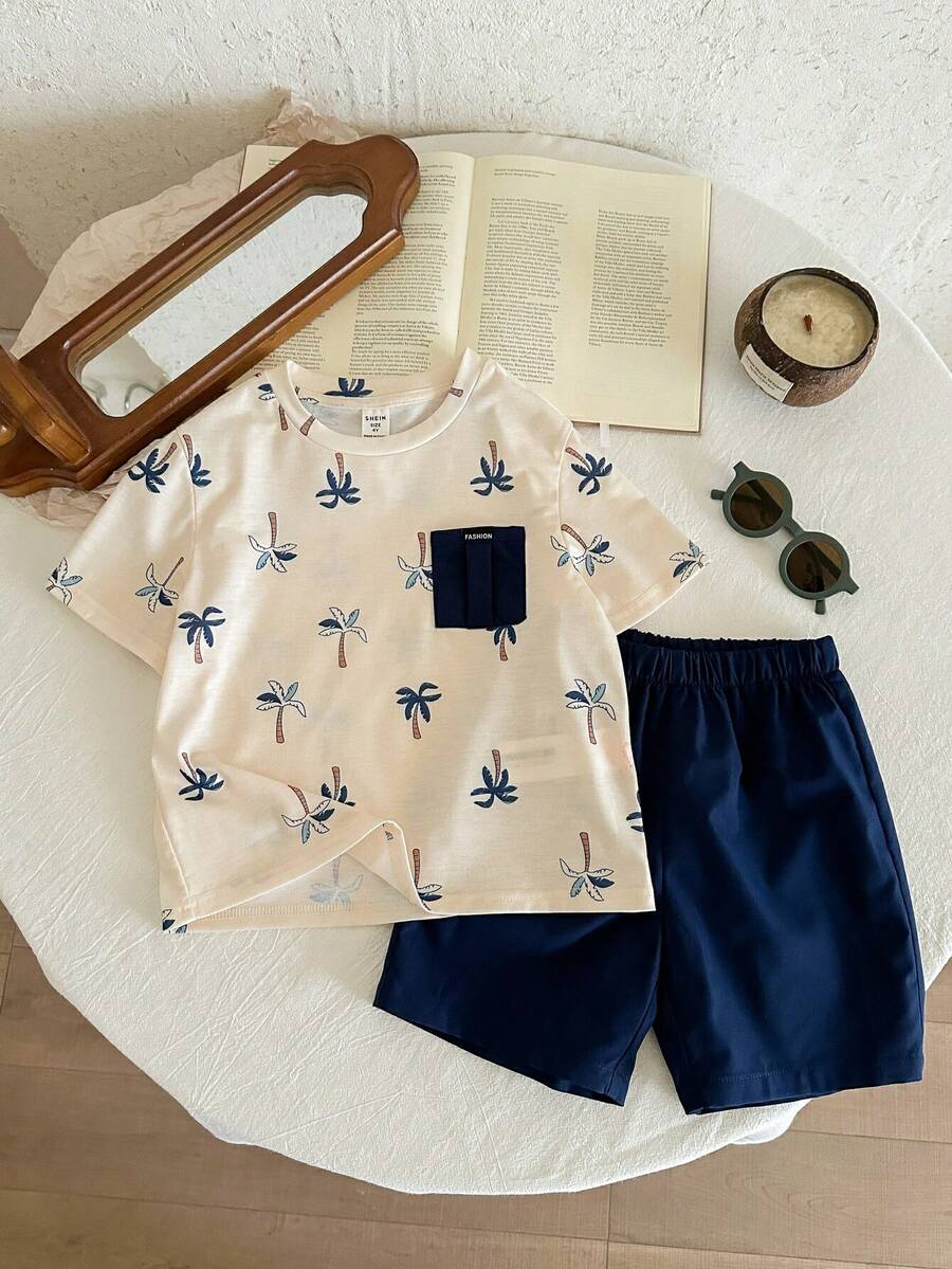 SHEIN LMoss Kids 2pcs/Set Young Boy Knit Colorblock Round Neck Casual T-Shirt And Shorts Set,Kids - Multicolor - View 1