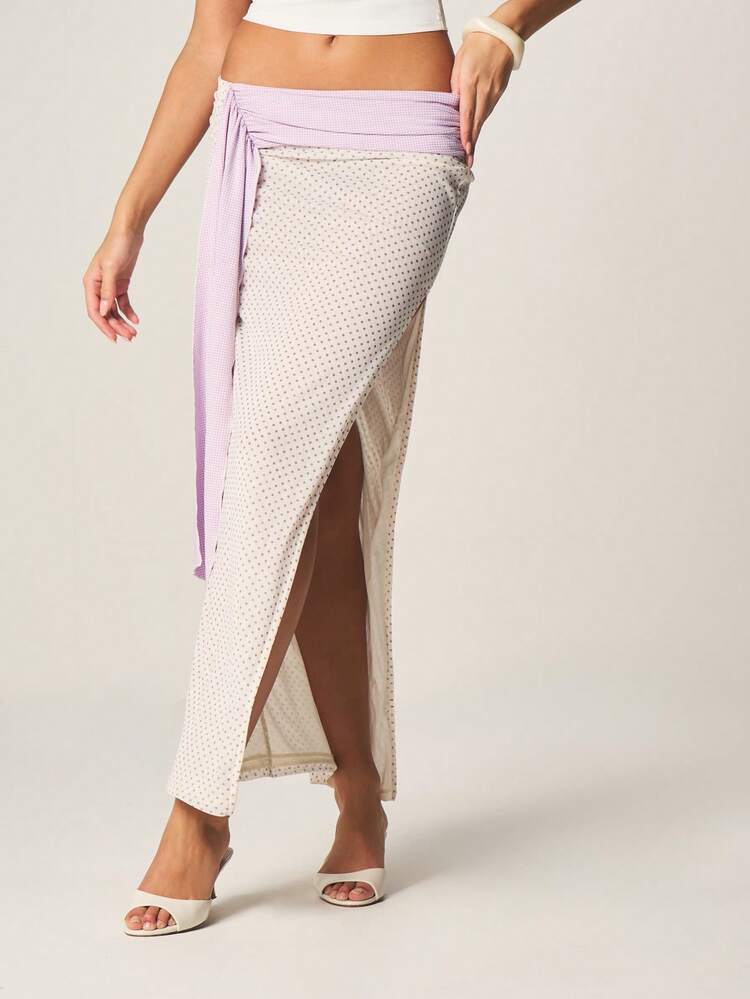 MISSGUIDED 여름 비대칭 물방울 무늬 랩 맥시 스커트, 하이 슬릿 및 타이 웨이스트 디테일