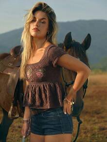 WESTFADE Floral Embroidered Pointelle Knit Square Neck Short Flutter Sleeve Peplum Babydoll Knit Top - Coffee Brown - View 4