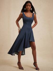 NYA SZN 女士条纹荷叶边不对称下摆优雅收腰牛仔派对连衣裙 - 深色水洗藍 - 查看 1