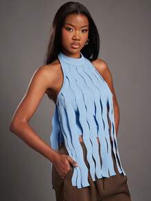 NYA SZN Áo croptop không tay cổ yếm ôm sát màu xanh dương, thích hợp cho các dịp lễ hội, lễ Phục sinh, thời tiết ấm áp mùa đông, xuân, hè, sự kiện, tiệc tùng, màu pastel dành cho nữ. - Màu xanh lam - Xem 5