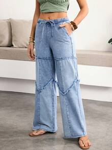 Breezaya Quần jeans nữ ống rộng, cạp chun, có túi, gấu quần rách, kiểu dáng thường ngày, đa năng, thích hợp mặc hàng ngày, quần tây nữ, quần hè nữ, quần công sở, quần ống rộng denim. - Màu xanh lam - Xem 4