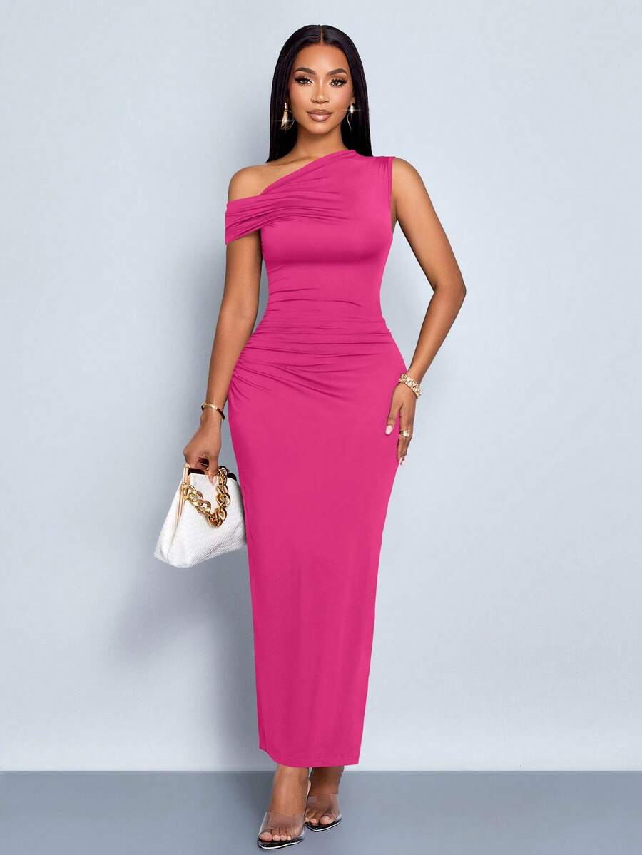 SOLERSUN Women's Spring Summer Solid Color Simple Daily Date Elegant Party Asymmetric Oblique-Shoulder Tight-Fitting Long Dress - Hot Pink - View 1