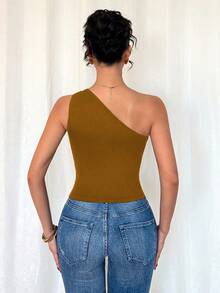 RosyDaze Women's Black Sexy Metallic Pleated Sleeveless Bodysuit One Shoulder Top One Sleeve Top Brown Top One Shoulder Blouse - Rust Brown - View 2