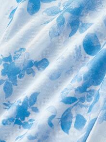 SHEIN MOD 两件套女士优雅印花喇叭袖上衣和鱼尾裙套装 - 藍色 - 查看 4