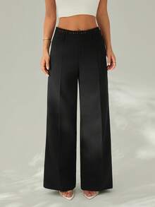 SHEIN PETITE Elegant Contrast Lace Dress Pants, Suitable For Spring/Summer - Black - View 4