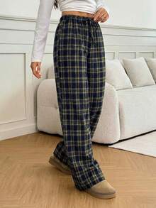 SHEIN Tall Women's Belted Plaid Straight Leg Loose Casual Pants - Yellow - View 5