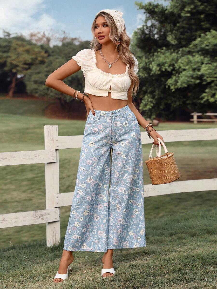 EMERY ROSE 女士休闲印花阔腿牛仔裤，夏季 - 藍色 - 查看 1