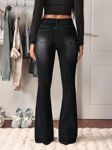 SHEIN Tall Quần jeans ống loe nữ kiểu dáng thường ngày, đa năng, đính cườm. - màu đen - Xem 3