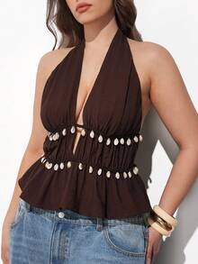 Maija Plus Size Brown Halter Top,Summer Boho Beach Holiday Women's Shell Chain Retro Solid Color Casual Elegant Fashionable Curve Party Essential Top - Brown - View 2