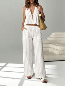 SHEIN EZwear 女士条纹露背系带荷叶边上衣搭配抽绳腰带口袋阔腿裤，休闲度假日常穿搭 - 彩色 - 查看 5