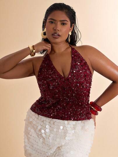 SHEIN BAE Plus Size Women V-Neck Sequin Embellished Cropped Tank Top