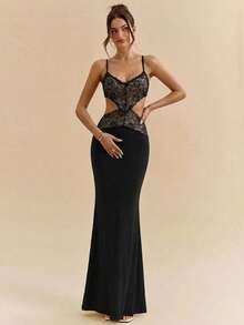 SHEIN BAE Women's Solid Black Lace Patchwork Dress, Elegant Dress, Vacation Dress, Beach Vacation Dress, Date Dress, Extra Long Dress, Black Dress - Black - View 4