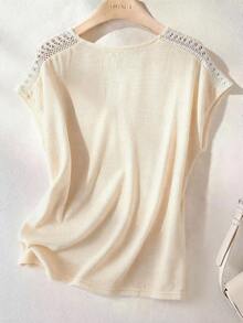 Breezaya Fashionable Hollow Out Knit Short Sleeve T-Shirt, Loose & Slimming V-Neck Casual Top - Apricot - View 2