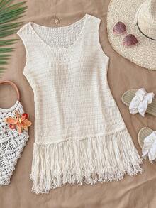 Travachic Áo len không tay cổ tròn, kiểu dáng tối giản, thời trang với tua rua - Màu be - Xem 1