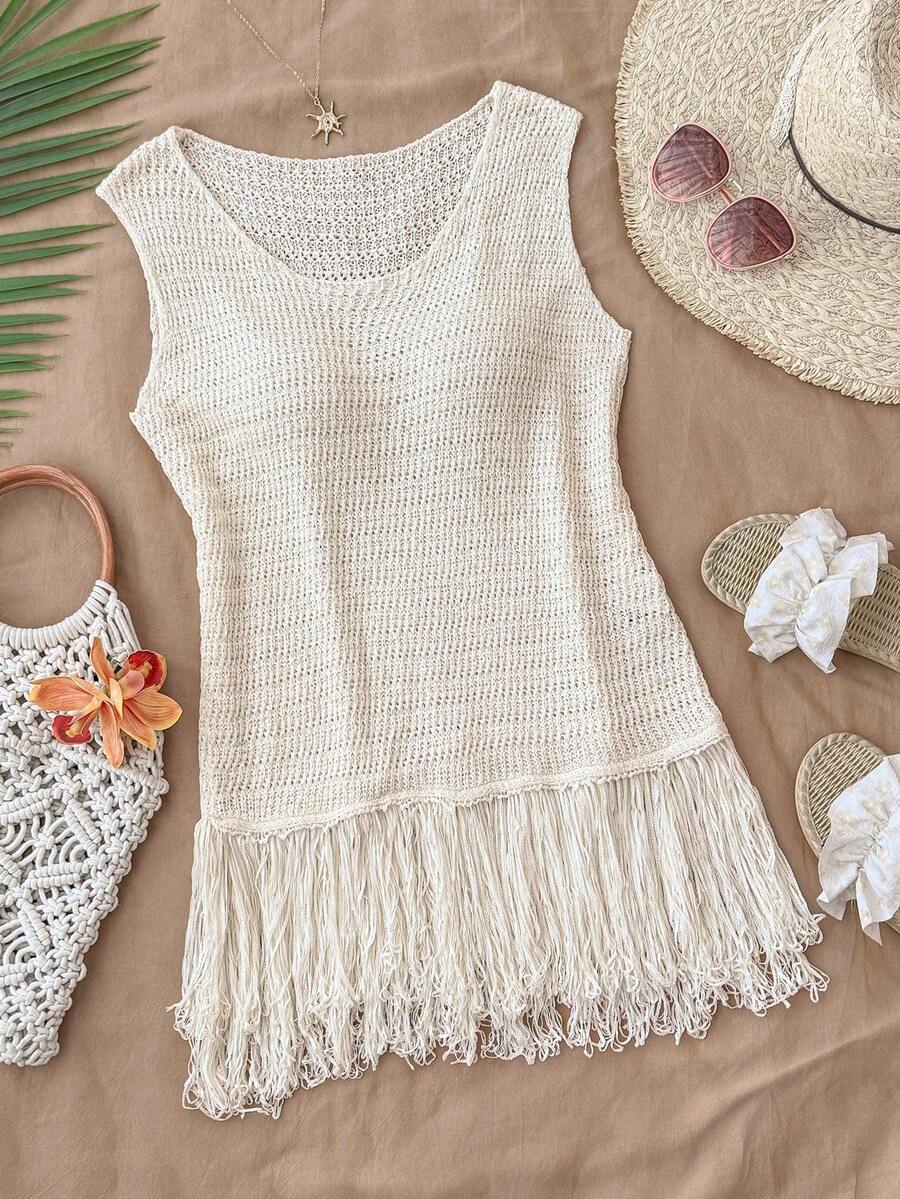 Travachic Áo len không tay cổ tròn, kiểu dáng tối giản, thời trang với tua rua - Màu be - Xem 1