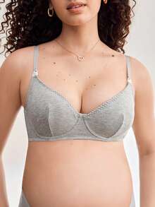 1pc Maternity Nursing Bra, Wire Supported Wireless Cup Maternity Underwear, Adjustable Shoulder Strap Front Closure Maternity Nursing Wire Bra - Grey - View 3