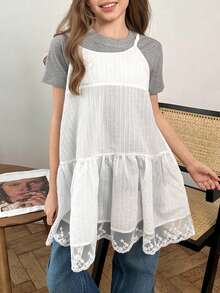 DAZY Tween Girl Solid Color Round Neck Short Sleeve T-Shirt And Ruffle Hem Camisole Dress Casual 2-Piece Set - Grey - View 8