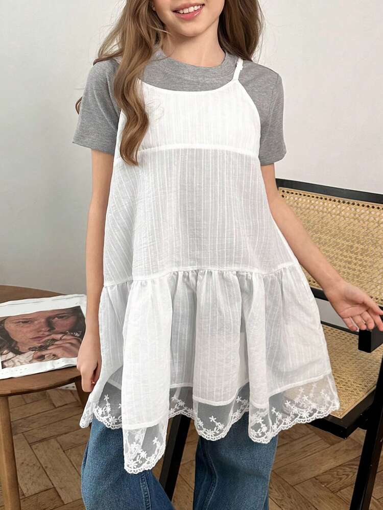 Tween Girl Solid Color Round Neck Short Sleeve T-Shirt And Ruffle Hem Camisole Dress Casual 2-Piece Set
