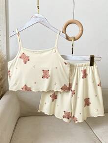 3件套女童休闲可爱卡通爱心、蝴蝶结、樱桃印花背心短裤睡衣套装，夏季 - 彩色 - 查看 2