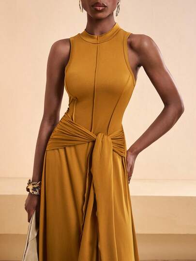 Zivah 2026 Spring/Summer New Elegant Sleeveless Split Waist Tie Ruched Fitted Dress, Suitable For Wedding, Party, Date, Commute