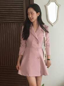 DAZY Lapel Single-Breasted Cinched Waist Long Sleeve Dress For Women - Baby Pink - View 2