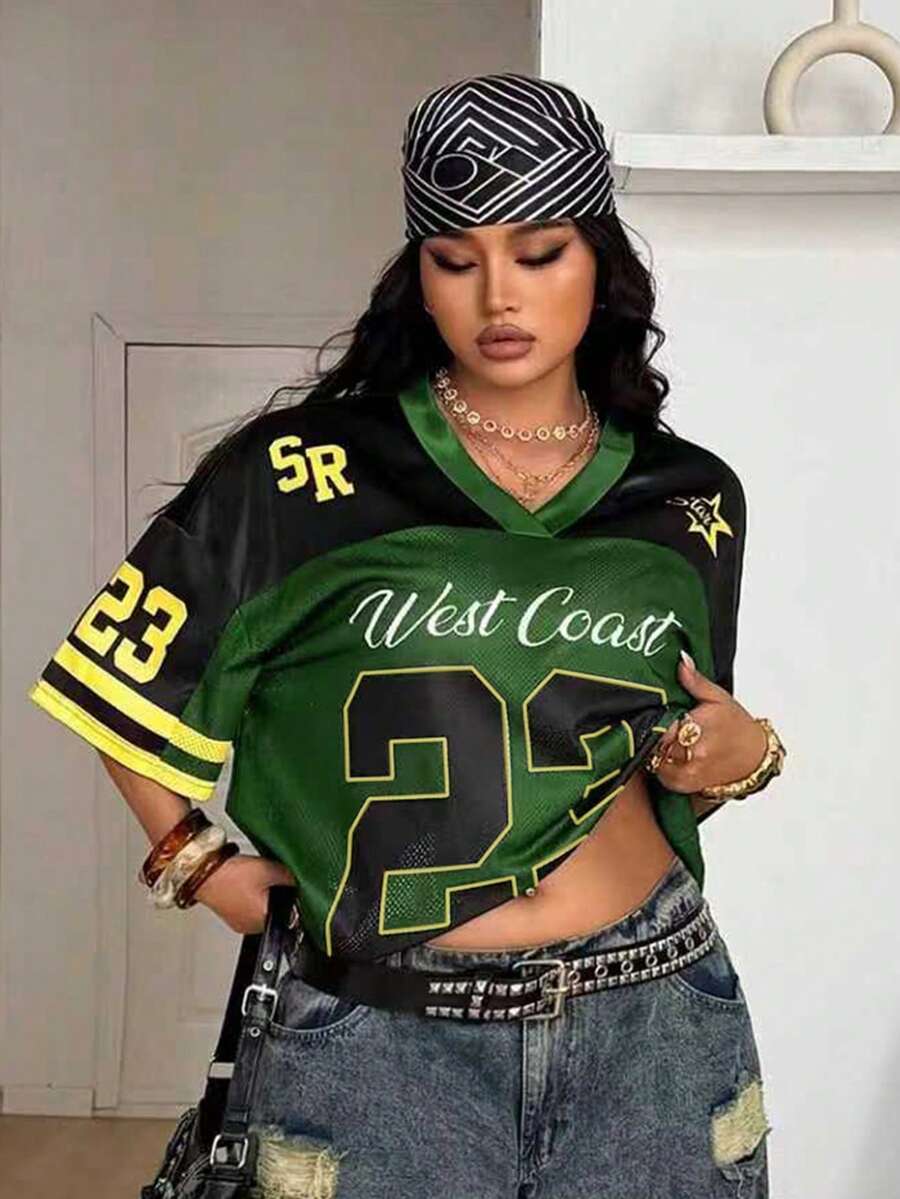 Coolane 夏季加大码嘉年华复古Y2K数字图案棒球衫，适合节日和外出穿着，黑/绿针织T恤 - 黑色 - 查看 1