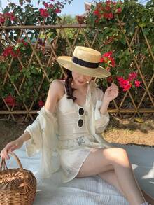 DAZY 两件套女式韩版杏色刺绣衬衫和短裤套装 - 杏色 - 查看 6